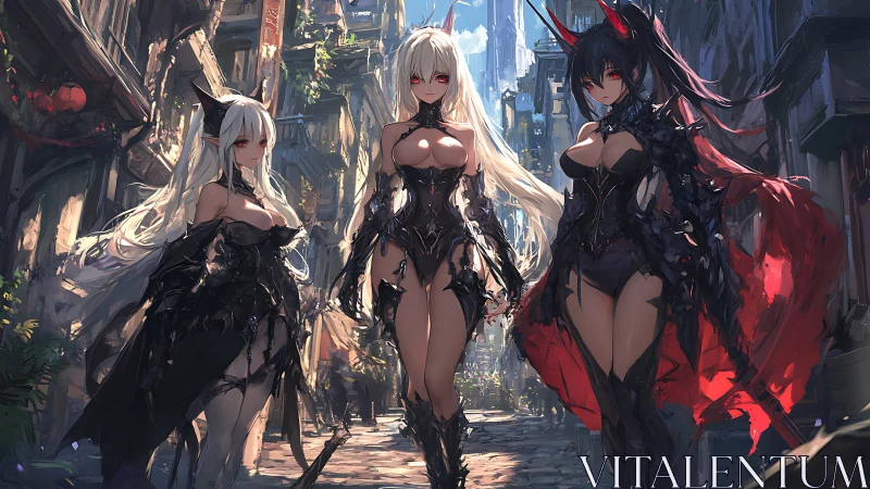 Triad of demonic anime warriors in jagged black armor stride forward