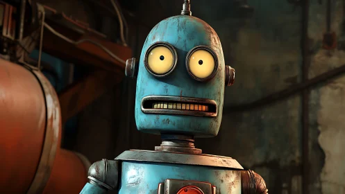 Weathered turquoise robot with stylized PBR metal shading and anxious gaze