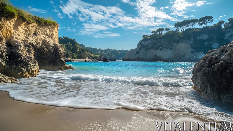Turquoise cove shoreline glows beneath sunlit coastal cliffs.