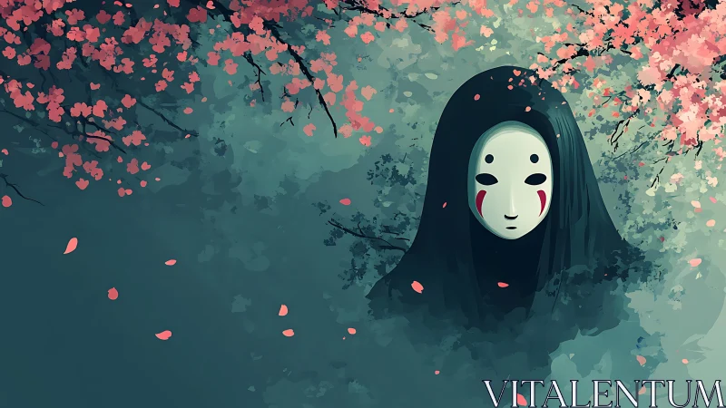 Masked cloaked figure emerges amid stylized sakura canopy and mist