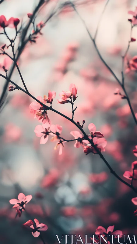 Delicate Pink Blossoms on Dark Branches in Soft Focus