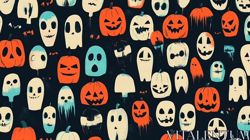 Playful Halloween ghosts and pumpkins share a spooky smile