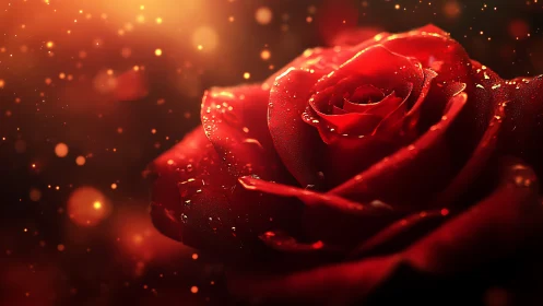 Luminescent Red Rose with Bokeh Sparkle Effect.