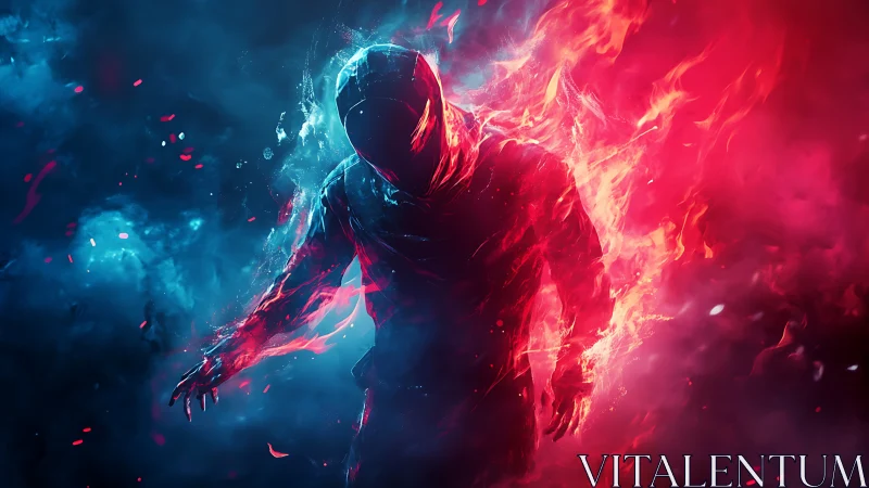 Hooded humanoid figure in blue and red opposing energy fields.