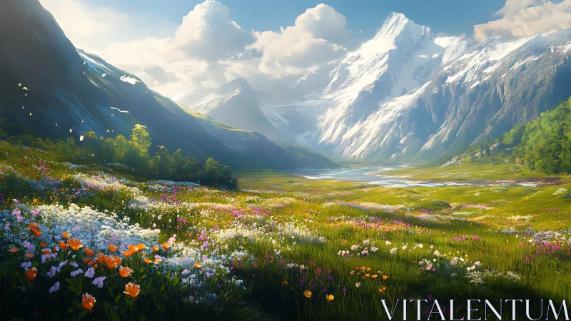 Mountain valley meadow with wildflowers and distant lake.