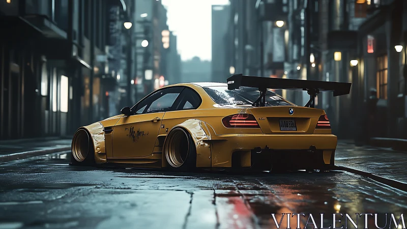 Widebody BMW M3 track build parked low on wet urban street