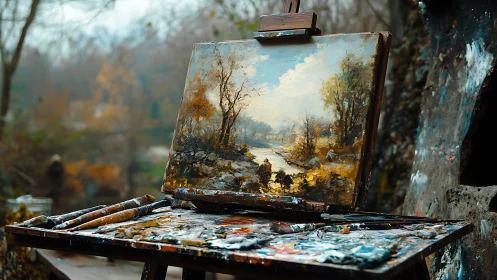 Autumn river easel dream glows in a painter&rsquo;s woodland studio.