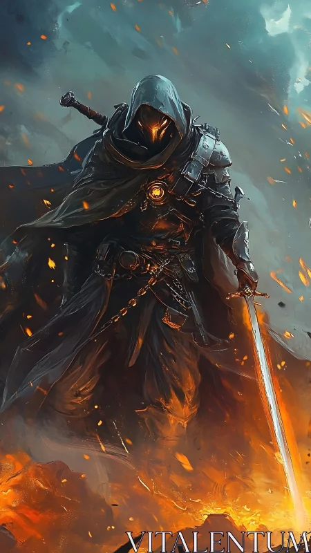 Hooded fire warrior with glowing blade amid burning embers.