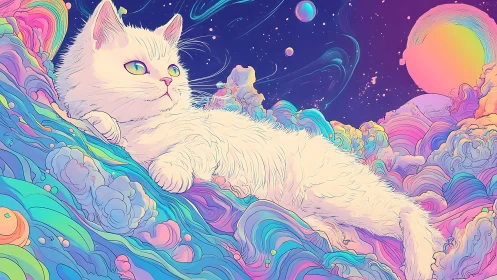 Celestial white cat rests among vibrant cosmic clouds and swirling galaxies