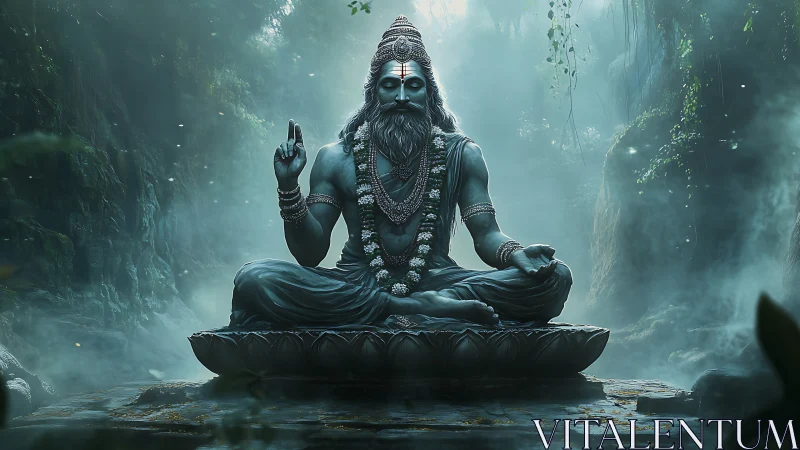 Forest-sculpted sage in mistlit meditation, stone-breath stillness.