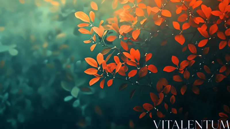 Vibrant Red Leaves on Branches in Soft Focus Nature Art Style.