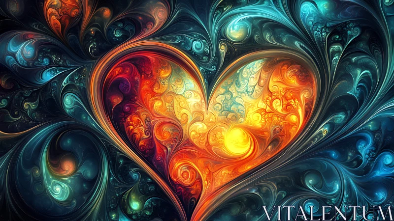 Radiant fractal heart swirling in luminous teal cosmos.