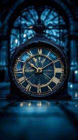 Midnight street clock glowing softly in quiet blue haze.