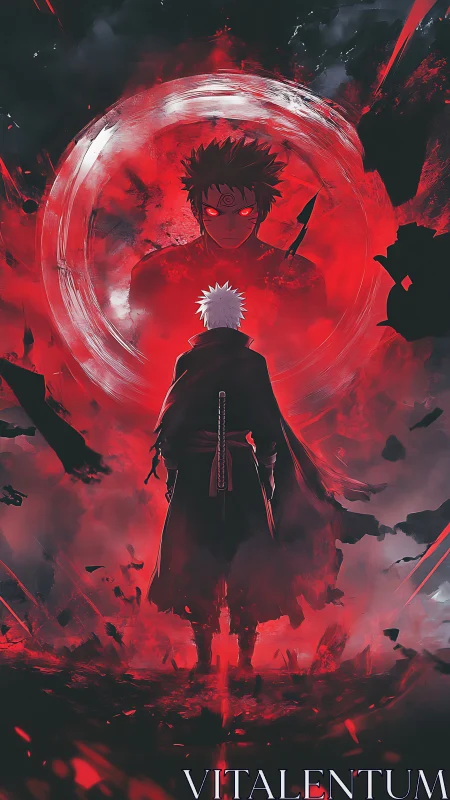 Backlit swordsman confronting demonic aura in red vortex field.