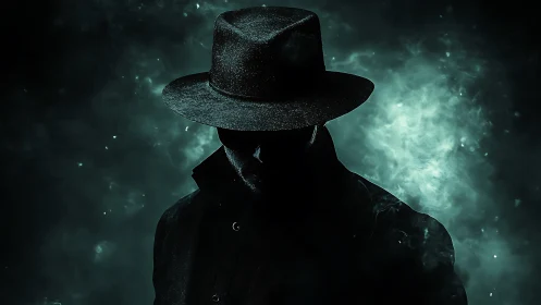 Silhouetted trench‑coat figure in noir smoke with hard rim light