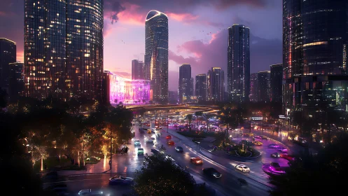 Futuristic neon cityscape with wet streets at dusk.