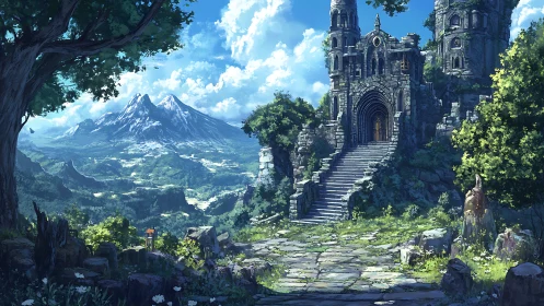 Sunlit mountain keep guarding a valley of emerald whispers.