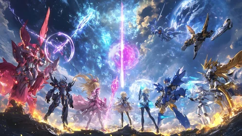Starlit mecha queens circle a cosmic lance of destiny.