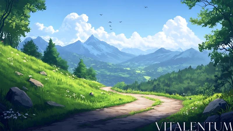 Curved dirt path traverses sunlit alpine meadow toward distant peaks