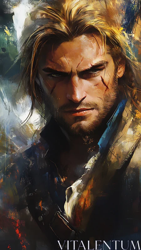 Scarred blond warrior stares forward with intense resolve