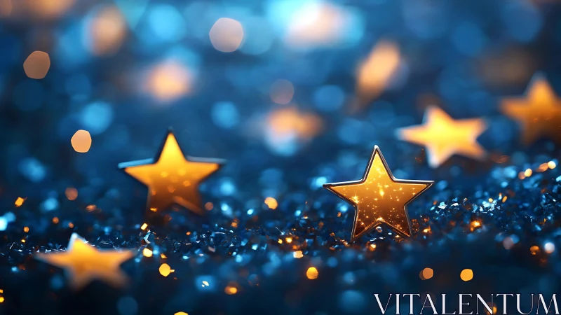 Glowing golden stars sparkle over dreamy blue bokeh lights