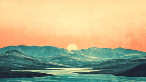 Soft sunrise settles over calm teal mountains and water