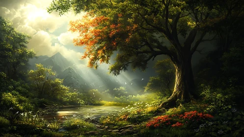 Sunlit forest sanctuary where a secret river catches fire.