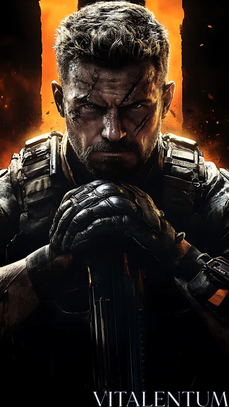 Battle-hardened soldier under rim lighting grips weapon vertically