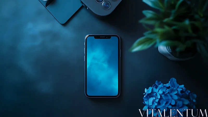 Smartphone displaying luminous blue interface with surrounding technology accessories