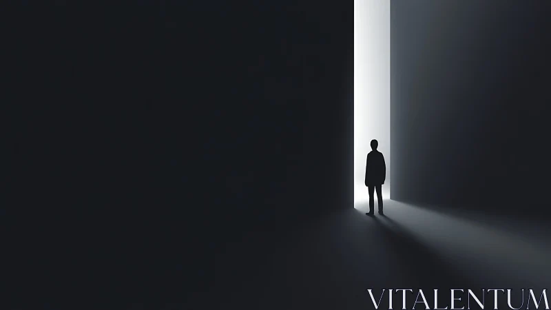 Silhouetted figure emerging through converging geometric light source aperture