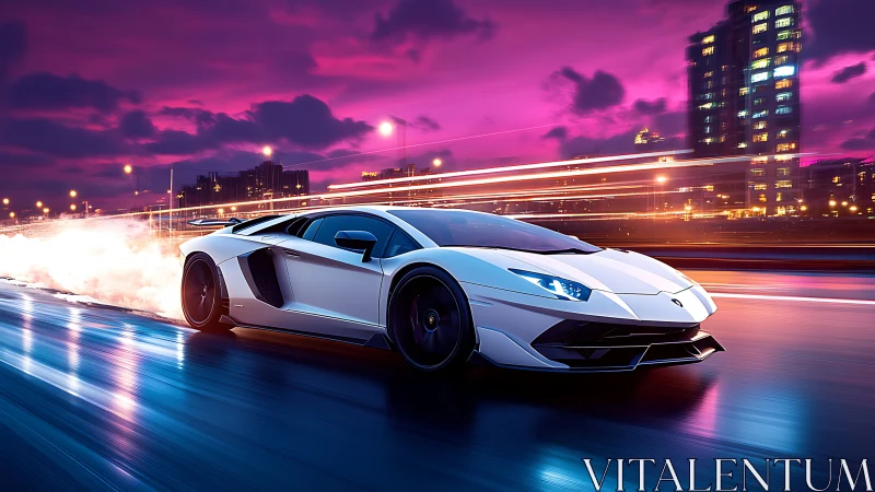 Midnight city sprint with a sleek white supercar glow.
