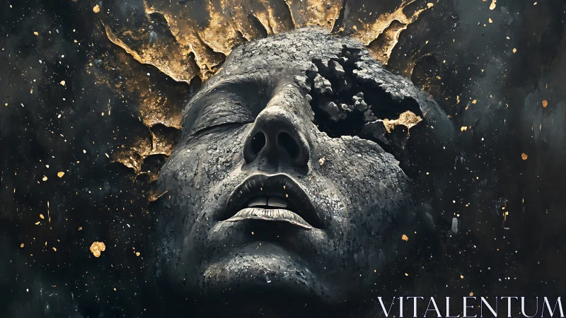 Cracked stone face drifting through a soft cosmic glow.