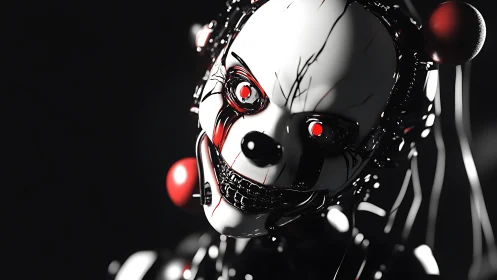 Mechanical clown nightmare with glowing red cyber eyes.