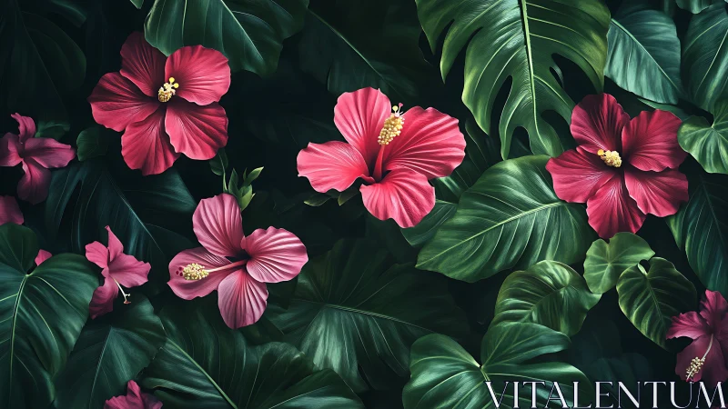 Red Hibiscus Blooms Against Deep Green Foliage.