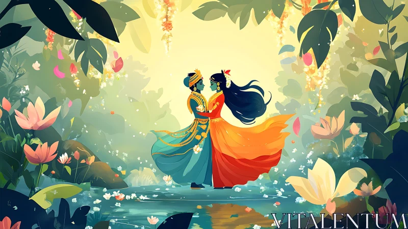 Romantic couple in colorful gowns in lush fantasy forest.