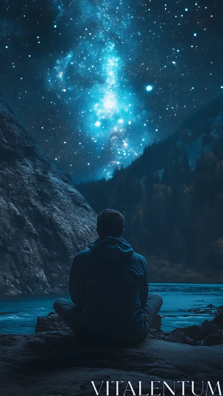 Solitary figure observes high-contrast Milky Way over alpine river