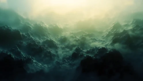 Digital seascape with mist covered waves under diffuse light.