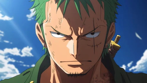 Green-haired swordsman glares forward under clear sky