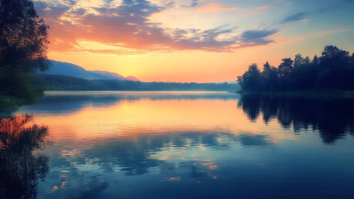 Sunset sky reflects over calm forest lake horizon