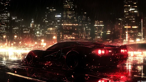 Sports car in dark rainy city with bright neon lights.