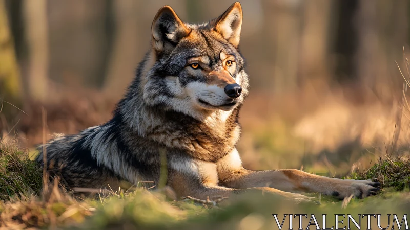 Photorealistic wolf portrait in shallow-depth forest light study.