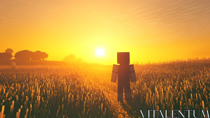 Voxel horizon study with volumetric sunlit wheatfield rendering.