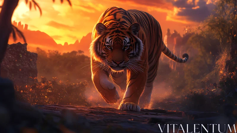 Majestic tiger advances through fiery sunset jungle path.