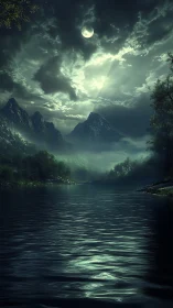 Moonlit mountains and reflective river under dense clouds