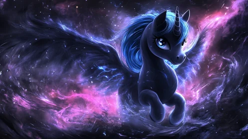 Digital fantasy alicorn in luminous cosmic nebula vortex.