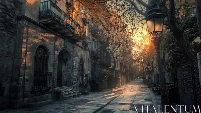 Golden hour light bathes a quiet old European street.