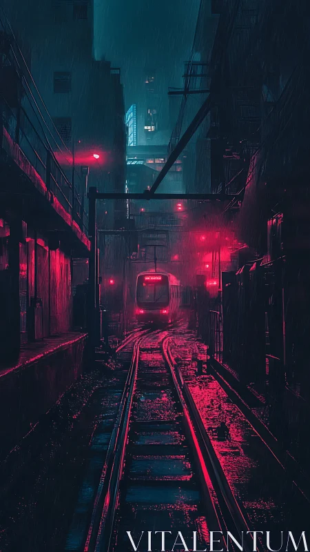 Neon-lit rain corridor with autonomous tram under cyan haze.