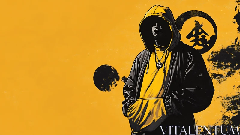 Hooded street figure stands before bold yellow graphic field