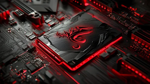 Red illuminated chipset with dragon logo dominates motherboard