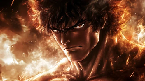 Intense anime warrior portrait framed by swirling flames.